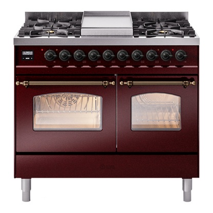 ILVE Nostalgie II 40" Burgundy Dual Fuel Range with 6 Burners and Griddle Triple Glass Door Natural Gas
