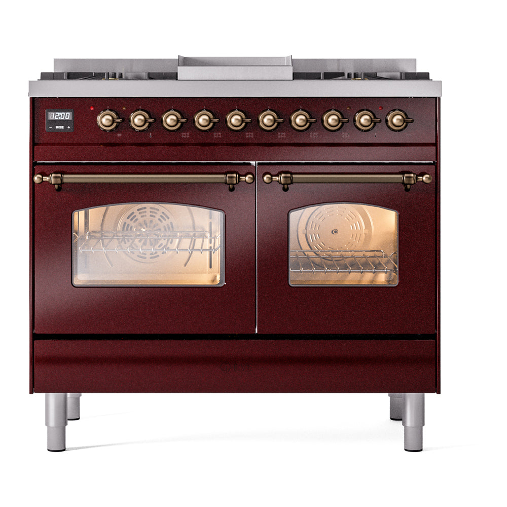 ILVE Nostalgie II 40" Burgundy Dual Fuel Range with 6 Burners and Griddle Triple Glass Door Natural Gas