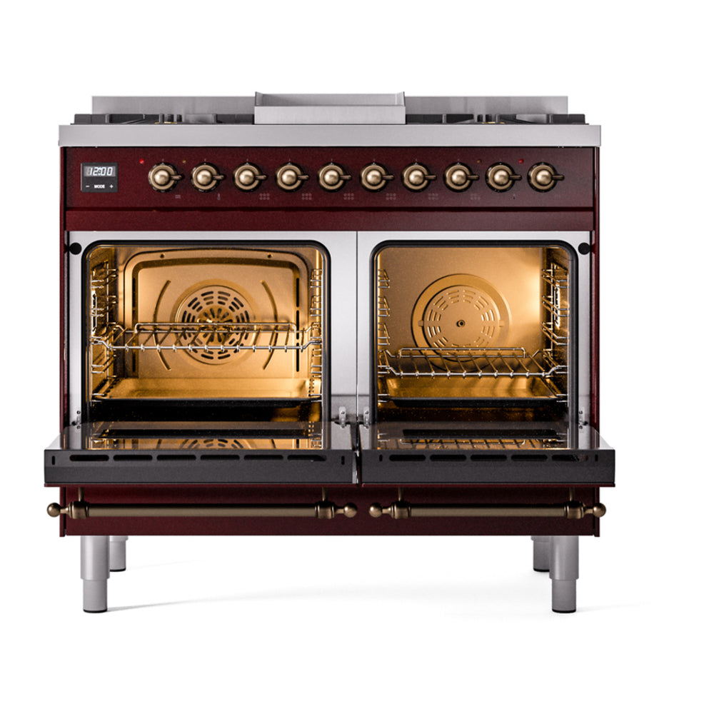 ILVE Nostalgie II 40" Burgundy Dual Fuel Range with 6 Burners and Griddle Triple Glass Door Natural Gas