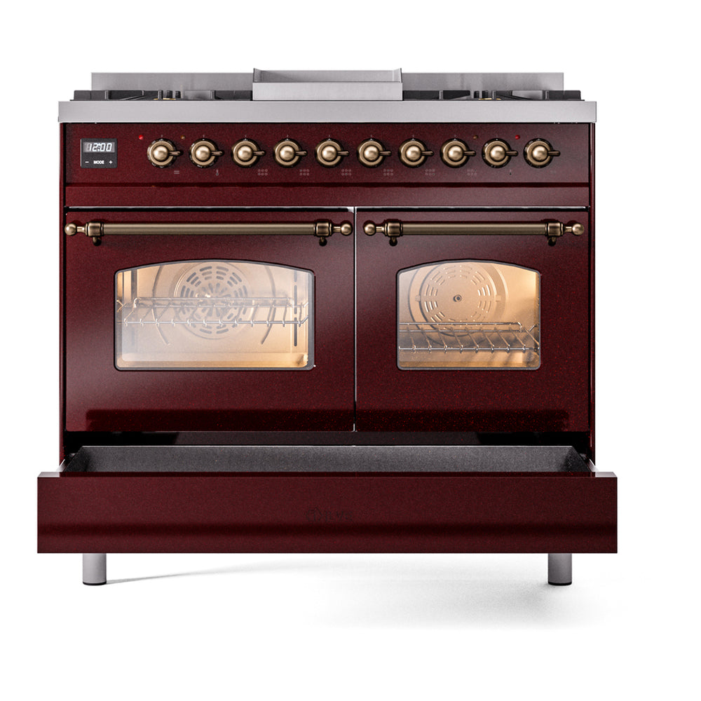ILVE Nostalgie II 40" Burgundy Dual Fuel Range with 6 Burners and Griddle Triple Glass Door Natural Gas