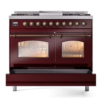 ILVE Nostalgie II 40" Burgundy Dual Fuel Range with 6 Burners and Griddle Triple Glass Door Natural Gas