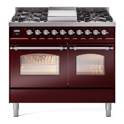 ILVE Nostalgie II 40" Burgundy Dual Fuel Range with 6 Burners and Griddle Triple Glass Door Natural Gas
