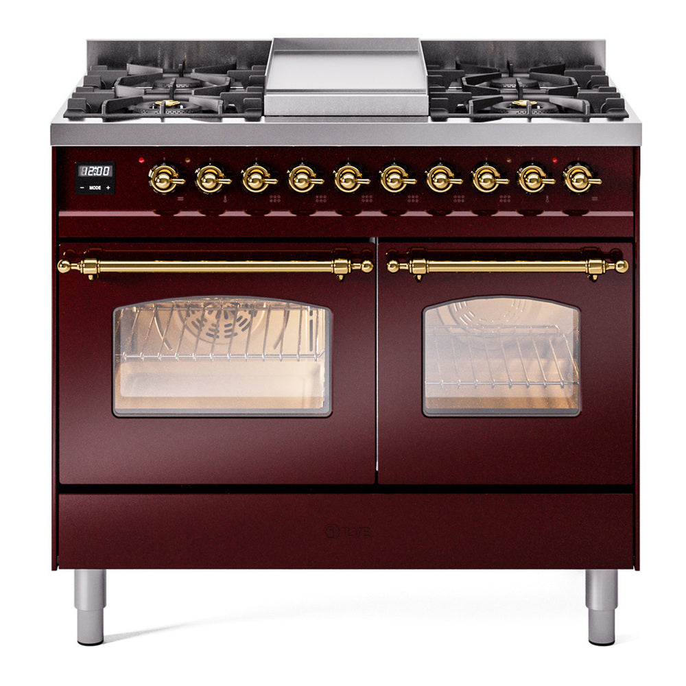 ILVE Nostalgie II 40" Burgundy Dual Fuel Range with 6 Burners and Griddle Triple Glass Door Natural Gas
