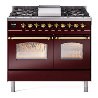 ILVE Nostalgie II 40" Burgundy Dual Fuel Range with 6 Burners and Griddle Triple Glass Door Natural Gas