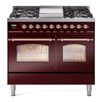 ILVE Nostalgie II 40" Burgundy Dual Fuel Range with 6 Burners and Griddle Triple Glass Door Natural Gas