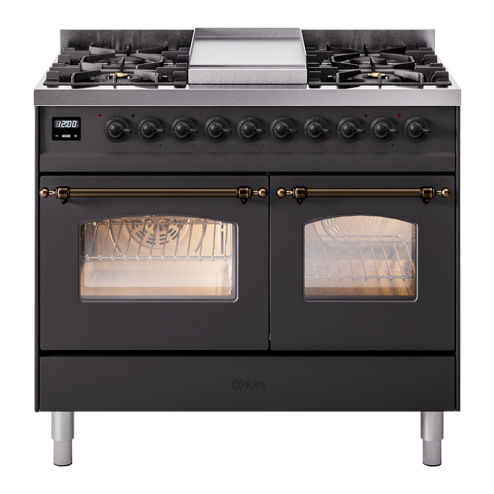 ILVE Nostalgie II 40" Graphite Matte Dual Fuel Range with 6 Burners and Griddle Triple Glass Door Natural Gas