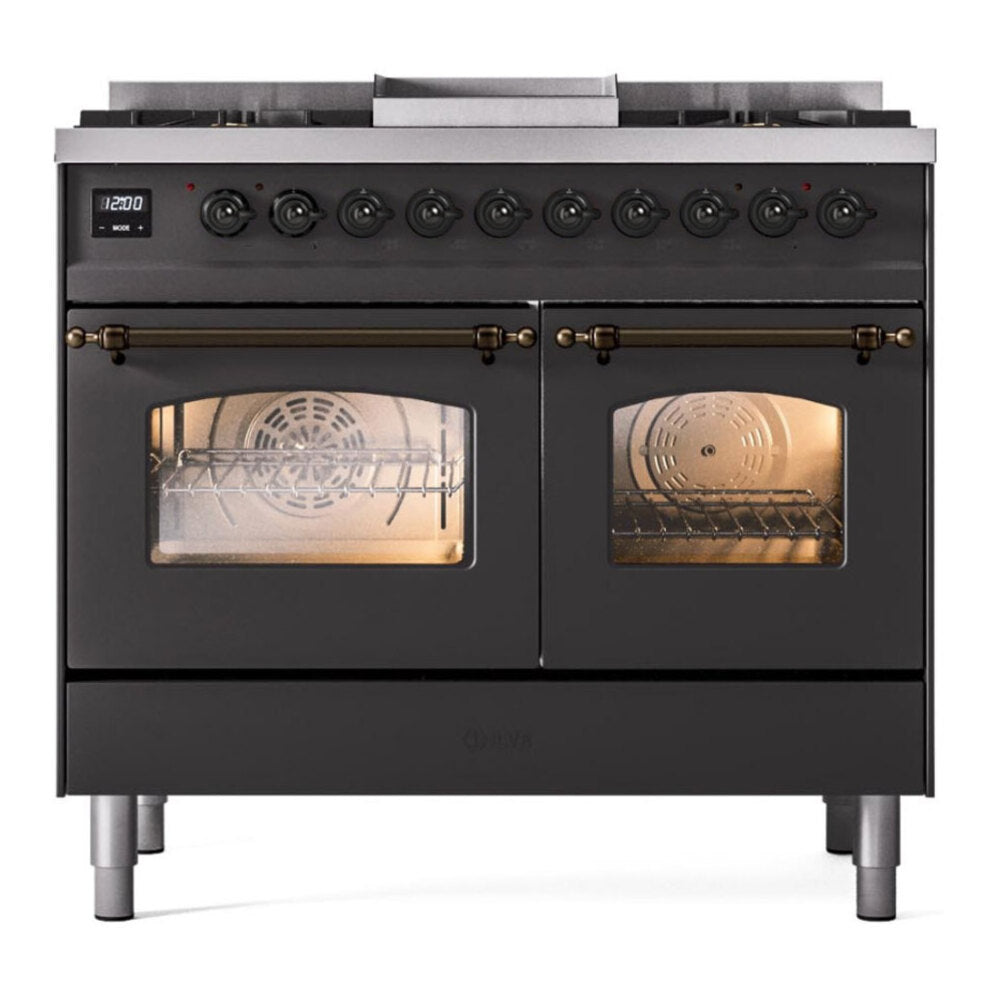 ILVE Nostalgie II 40" Graphite Matte Dual Fuel Range with 6 Burners and Griddle Triple Glass Door Natural Gas