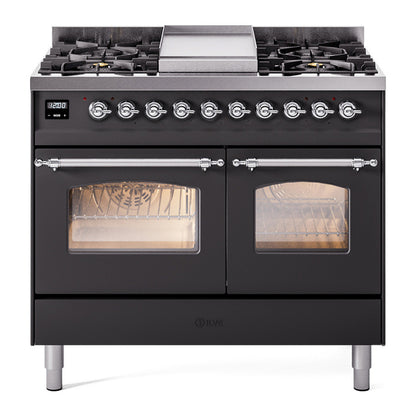 ILVE Nostalgie II 40" Graphite Matte Dual Fuel Range with 6 Burners and Griddle Triple Glass Door Natural Gas
