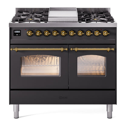 ILVE Nostalgie II 40" Graphite Matte Dual Fuel Range with 6 Burners and Griddle Triple Glass Door Natural Gas