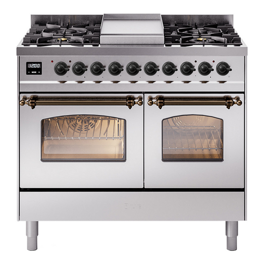 ILVE Nostalgie II 40" Stainless Steel Dual Fuel Range with 6 Burners and Griddle Triple Glass Door Liquid Propane