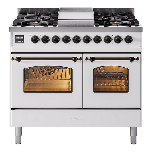 ILVE Nostalgie II 40" White Dual Fuel Range with 6 Burners and Griddle Triple Glass Door Liquid Propane