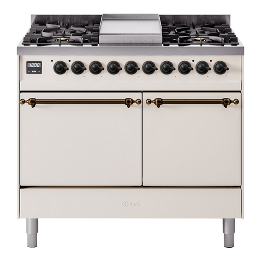 ILVE Nostalgie II 40" Antique White Dual Fuel Range with 6 Burners and Griddle Solid Door Liquid Propane