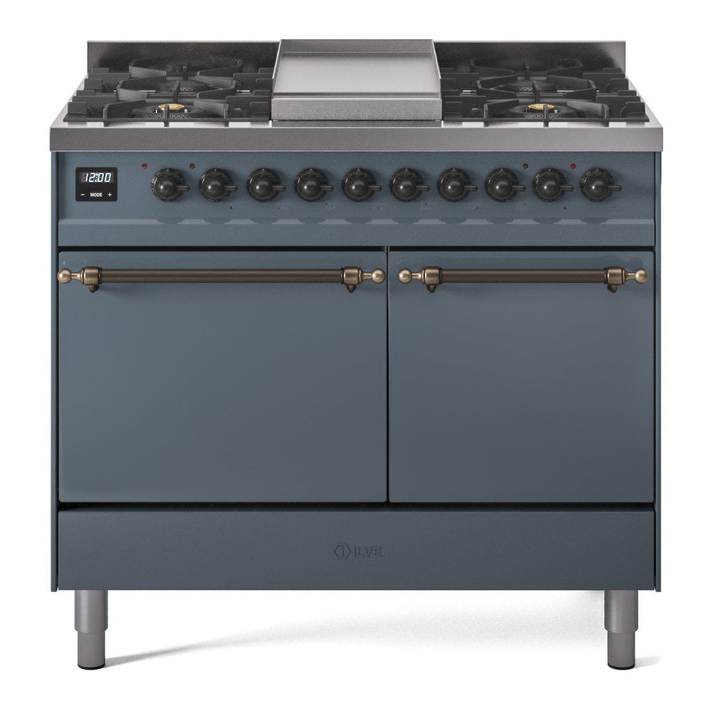 ILVE Nostalgie II 40" Blue Grey Dual Fuel Range with 6 Burners and Griddle Solid Door Natural Gas
