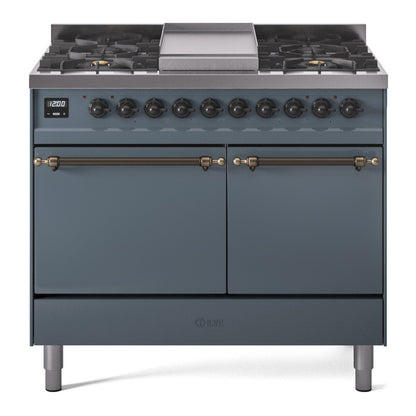 ILVE Nostalgie II 40" Blue Grey Dual Fuel Range with 6 Burners and Griddle Solid Door Natural Gas