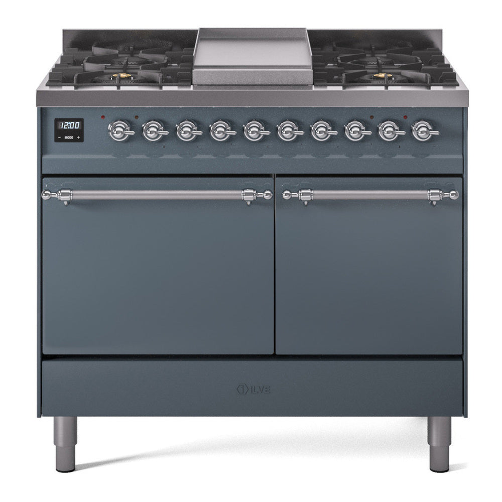 ILVE Nostalgie II 40" Blue Grey Dual Fuel Range with 6 Burners and Griddle Solid Door Natural Gas