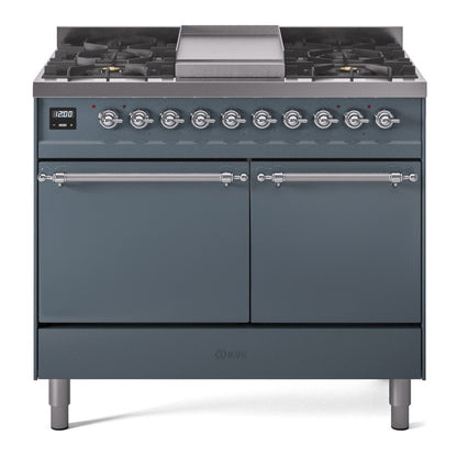 ILVE Nostalgie II 40" Blue Grey Dual Fuel Range with 6 Burners and Griddle Solid Door Natural Gas