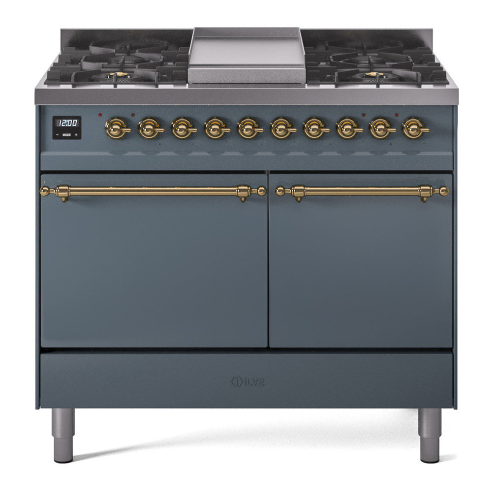 ILVE Nostalgie II 40" Blue Grey Dual Fuel Range with 6 Burners and Griddle Solid Door Natural Gas