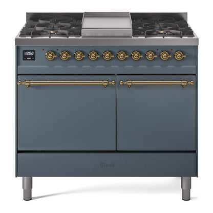 ILVE Nostalgie II 40" Blue Grey Dual Fuel Range with 6 Burners and Griddle Solid Door Natural Gas