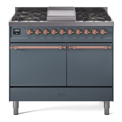 ILVE Nostalgie II 40" Blue Grey Dual Fuel Range with 6 Burners and Griddle Solid Door Natural Gas