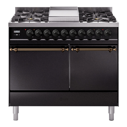 ILVE Nostalgie II 40" Glossy Black Dual Fuel Range with 6 Burners and Griddle Solid Door Natural Gas