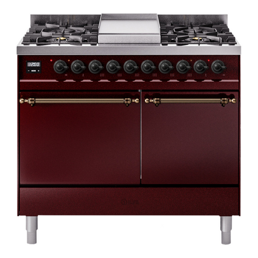 ILVE Nostalgie II 40" Burgundy Dual Fuel Range with 6 Burners and Griddle Solid Door Natural Gas