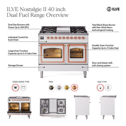 ILVE Nostalgie II 40" Midnight Blue Dual Fuel Range with 6 Burners and Griddle Solid Door Liquid Propane