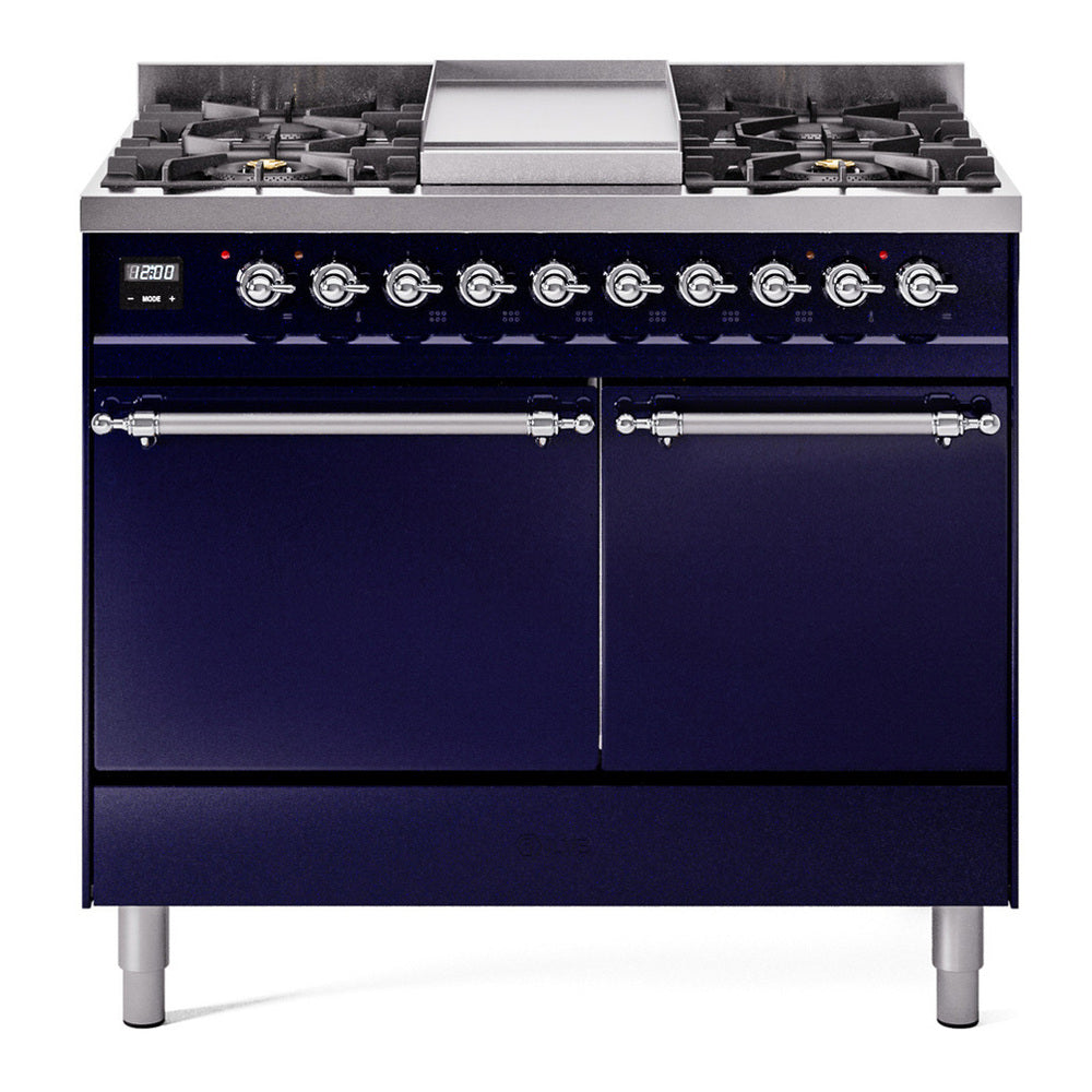 ILVE Nostalgie II 40" Midnight Blue Dual Fuel Range with 6 Burners and Griddle Solid Door Liquid Propane