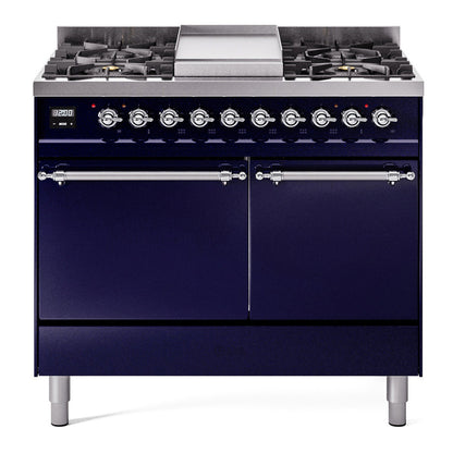 ILVE Nostalgie II 40" Midnight Blue Dual Fuel Range with 6 Burners and Griddle Solid Door Liquid Propane