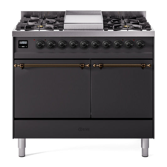 ILVE Nostalgie II 40" Graphite Matte Dual Fuel Range with 6 Burners and Griddle Solid Door Liquid Propane