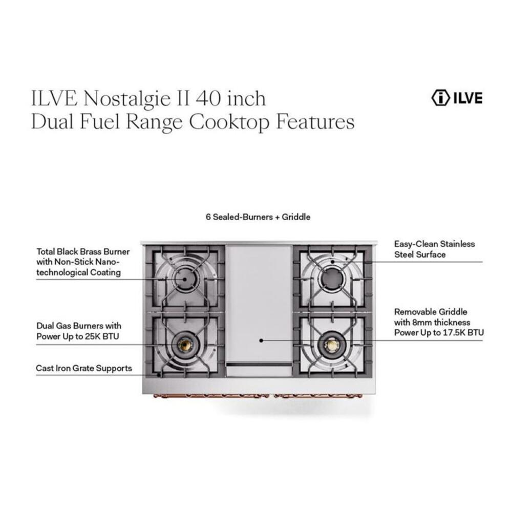ILVE Nostalgie II 40" RAL Dual Fuel Range with 6 Burners and Griddle Solid Door Liquid Propane