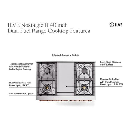 ILVE Nostalgie II 40" RAL Dual Fuel Range with 6 Burners and Griddle Solid Door Liquid Propane