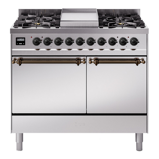 ILVE Nostalgie II 40" Stainless Steel Dual Fuel Range with 6 Burners and Griddle Solid Door Liquid Propane