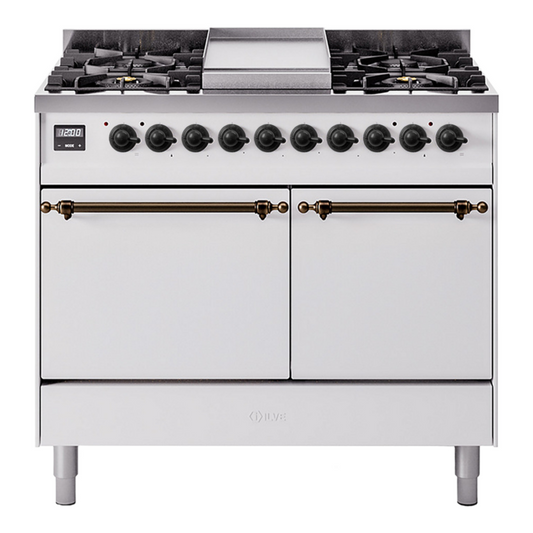 ILVE Nostalgie II 40" White Dual Fuel Range with 6 Burners and Griddle Solid Door Liquid Propane