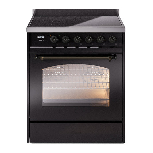 ILVE Nostalgie II 30" Glossy Black Induction Range with 4 Elements Triple Glass Door
