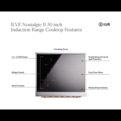 ILVE Nostalgie II 30" Burgundy Induction Range with 4 Elements Triple Glass Door