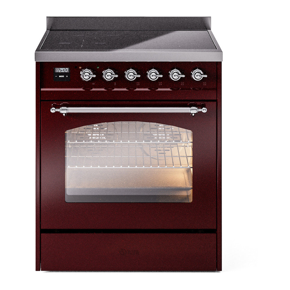 ILVE Nostalgie II 30" Burgundy Induction Range with 4 Elements Triple Glass Door