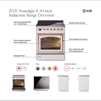 ILVE Nostalgie II 30" Stainless Steel Induction Range with 4 Elements Triple Glass Door