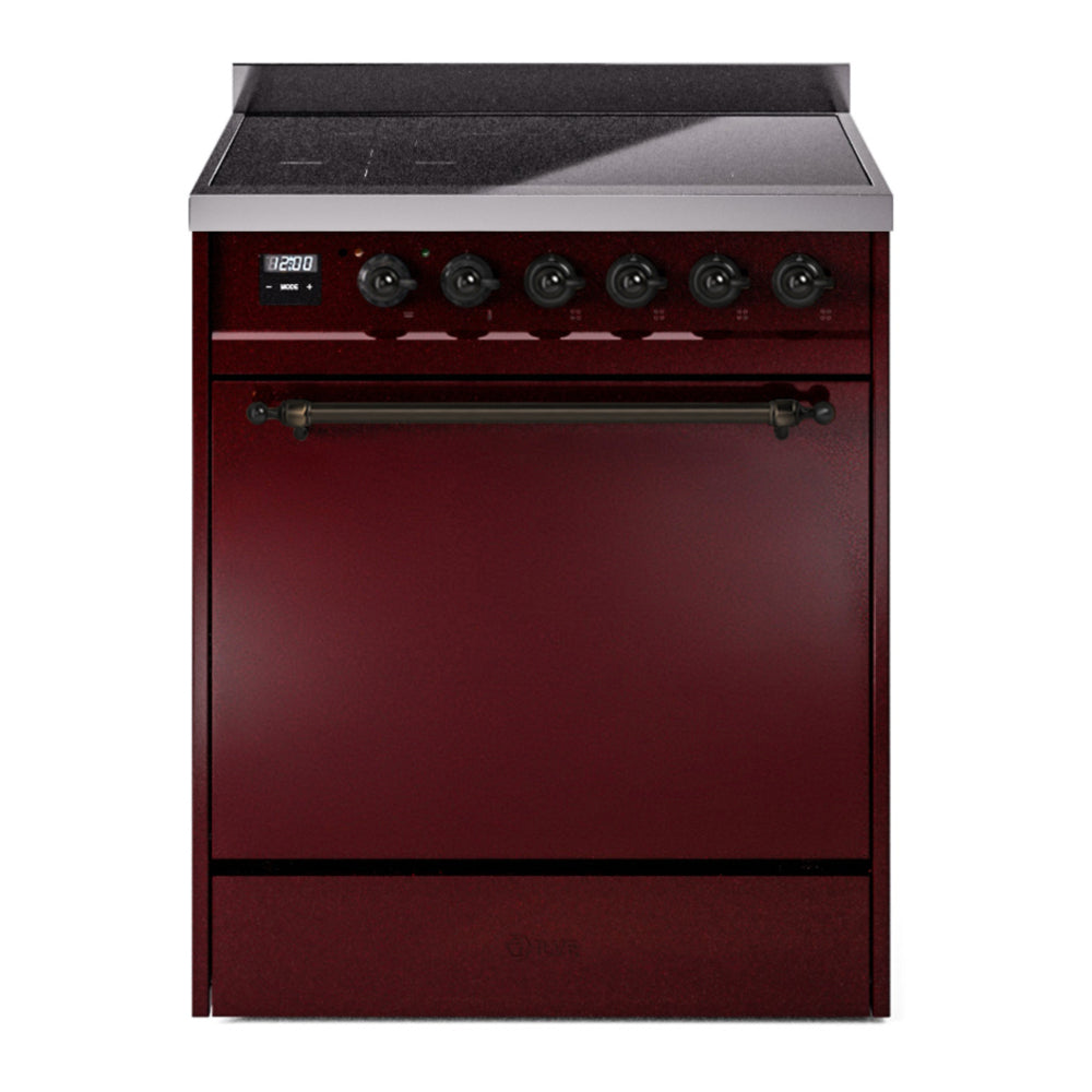 ILVE Nostalgie II 30" Burgundy Induction Range with 4 Elements Solid Door