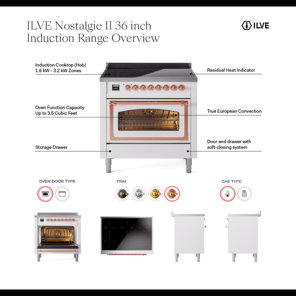 ILVE Nostalgie II 36" RAL Induction Range with 6 Elements Triple Glass Door