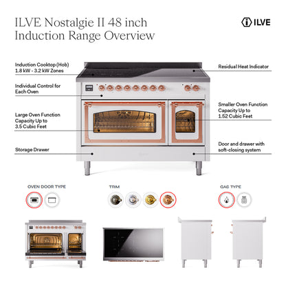 ILVE Nostalgie II 48" Burgundy Induction Range with 6 Elements Triple Glass Door