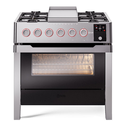 ILVE Panoramagic 36" Stainless Steel Dual Fuel Range with 6 Burners and Griddle
