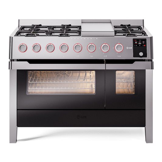 ILVE Panoramagic 48" Stainless Steel Dual Fuel Range with 8 Burners and Griddle
